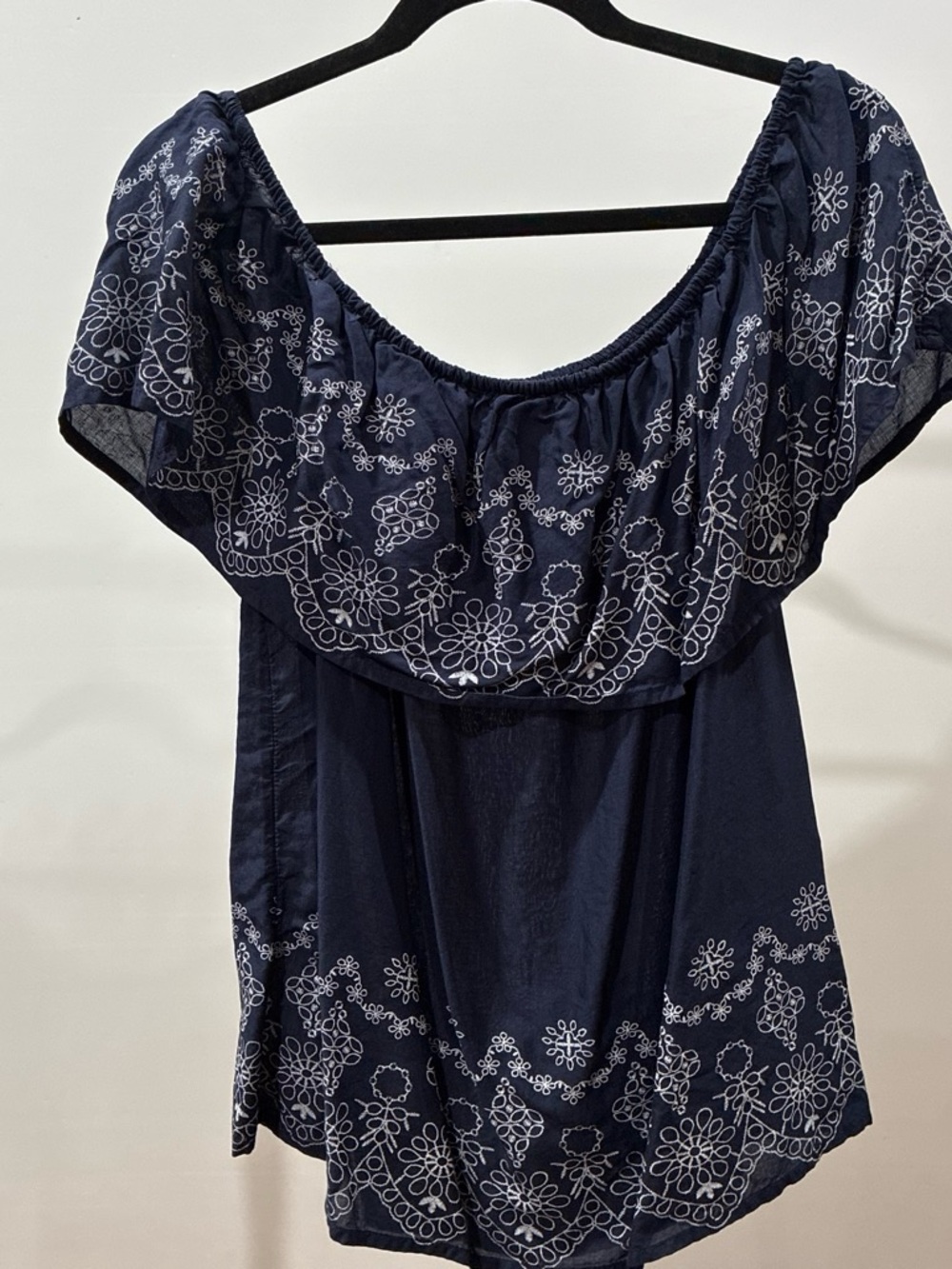 New York & Company Navy Off-Shoulder Embroidered Top